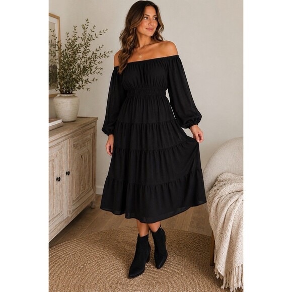 Sky Dresses & Skirts - She + Sky Black Off Shoulder Tiered  Dress Long Balloon Sleeve Elastic Waist L